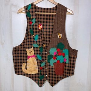Vintage 80’s Cottagecore Cat Flowers Gingham Vest